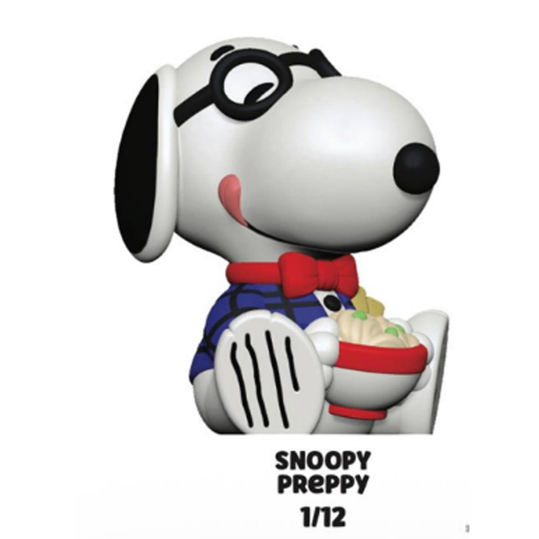 Snoopy figurine with a bow tie and outfit on a white background