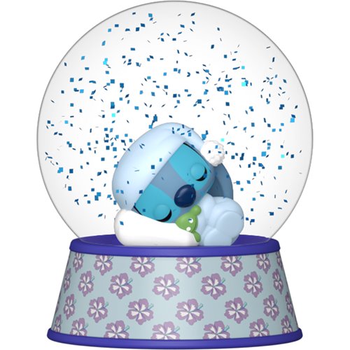 Snow globe with a blue character on a floral base against a white background