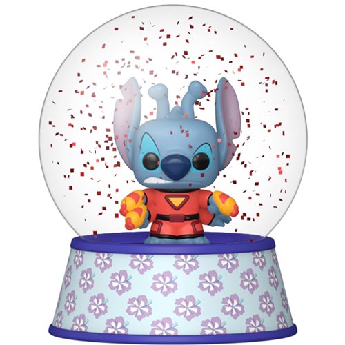 Stitch figurine in a superhero costume inside a snow globe with a floral base.