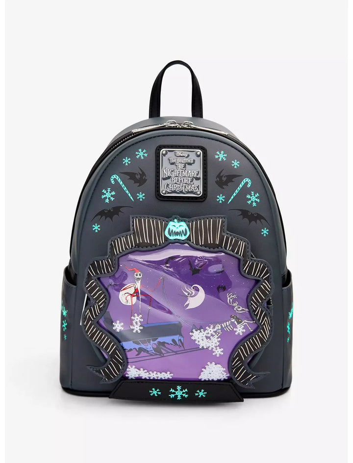 Loungefly Disney The Nightmare Before Christmas Sleigh Ride Snow Globe Glow in the Dark Mini Backpack