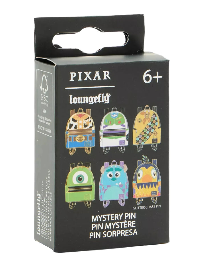 A black retail box for a Pixar x Loungely mystery pin set, featuring colorful illustrated backpack designs and text including '6+' and 'Mystery Pin'.