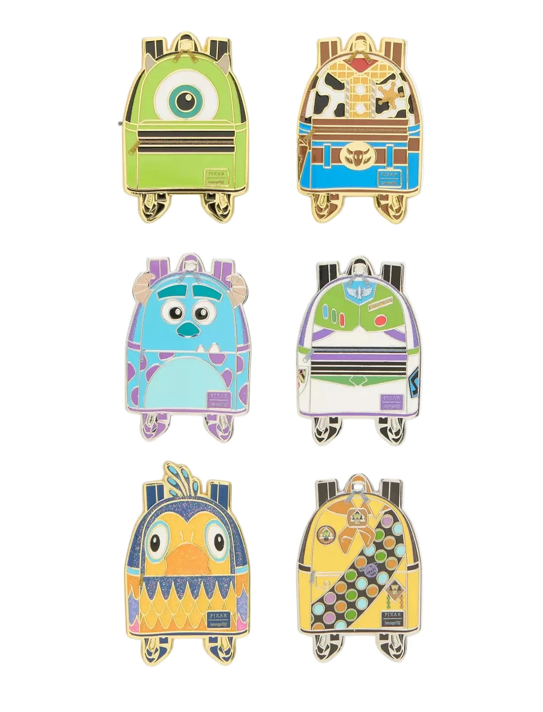 Six character backpack enamel pins arranged in a 3-by-2 grid on a plain white background. The pins feature colorful designs inspired by Disney's Monsters Inc.