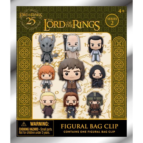 Packaged figurals of characters from 'The Lord of the Rings' series 2 on a decorative background.