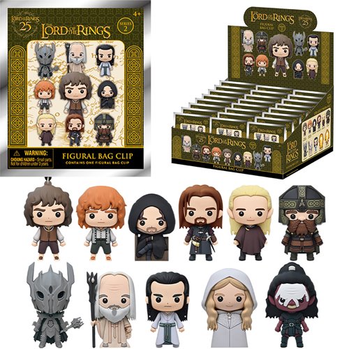 Collection of 'Lord of the Rings' figurines with packaging on a white background