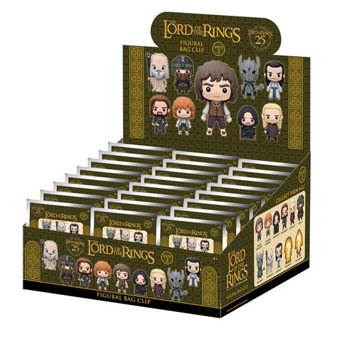 Display box of 'The Lord of the Rings' figurine bag clips with character illustrations on a white background.