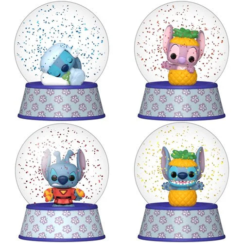 Four snow globes with cartoon characters on a white background