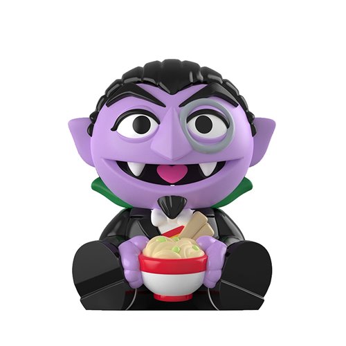 Animated character with purple face and black hair holding a bowl of ramen on a white background