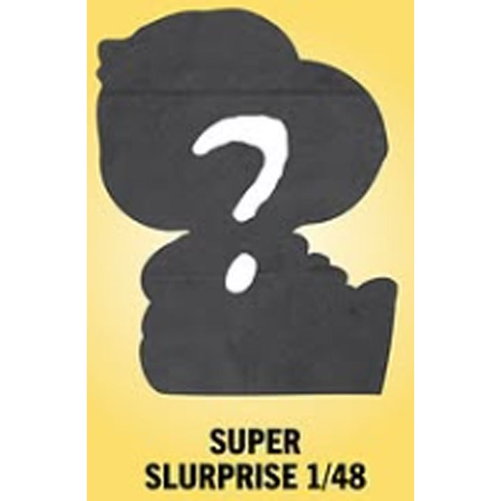 Black silhouette of a character with a question mark on a yellow background, labeled 'Super Slurprise 1/48'.