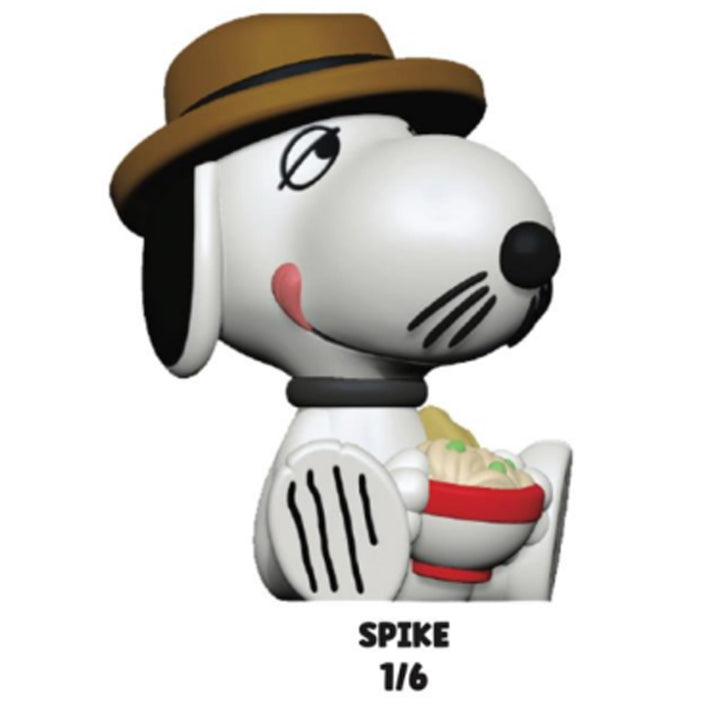 Snoopy figurine with a hat and scarf, holding a bowl of soup, on a white background.