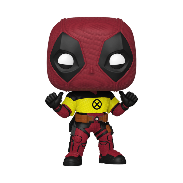 Deadpool action figure with red, black, and yellow costume on a white background