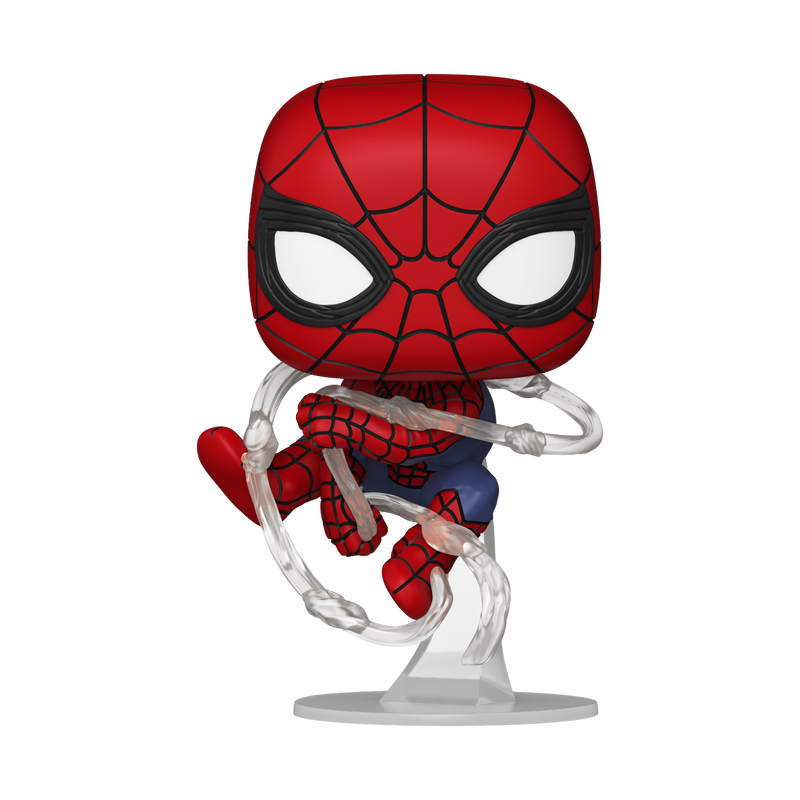 Spider-Man figurine with red and blue suit on a clear stand against a white background