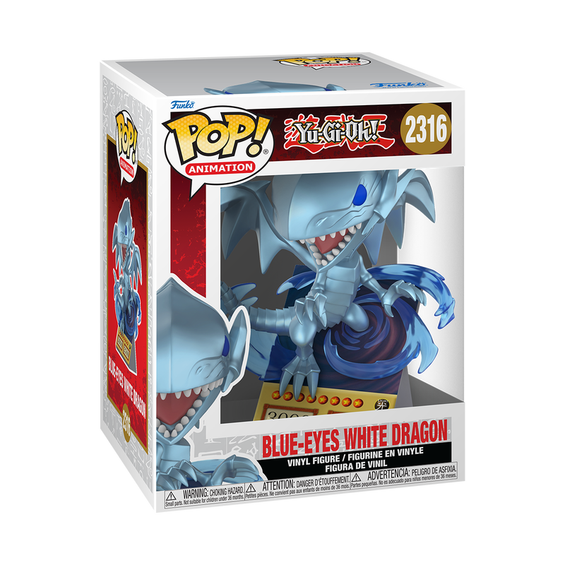 Funko Pop! packaging for Blue-Eyes White Dragon vinyl figure with dragon illustration on a white background