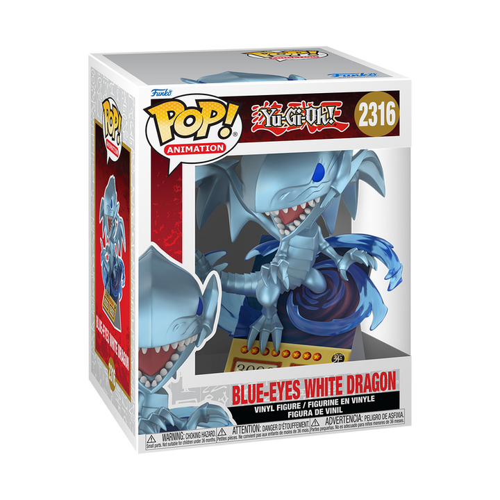 Funko Pop! packaging for Blue-Eyes White Dragon vinyl figure with dragon illustration on a white background