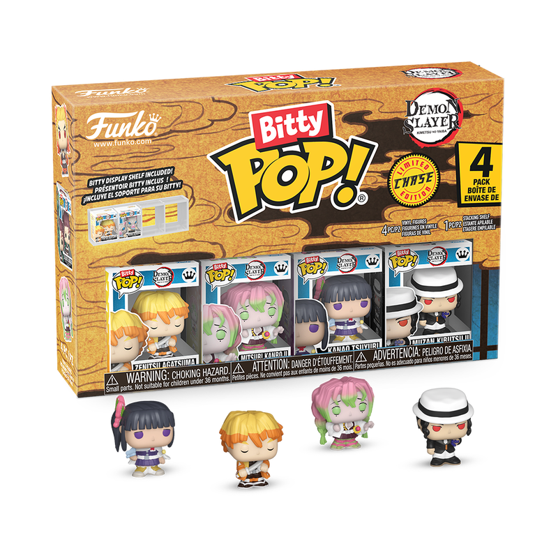 Funko Bitty Pop! packaging with four figures displayed in front on a white background