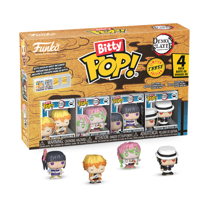 Funko Bitty Pop! packaging with four figures displayed in front on a white background