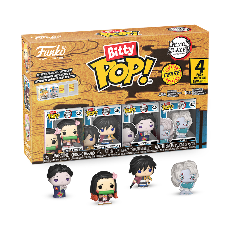 Funko Bitty Pop! packaging with four figures in front on a white background