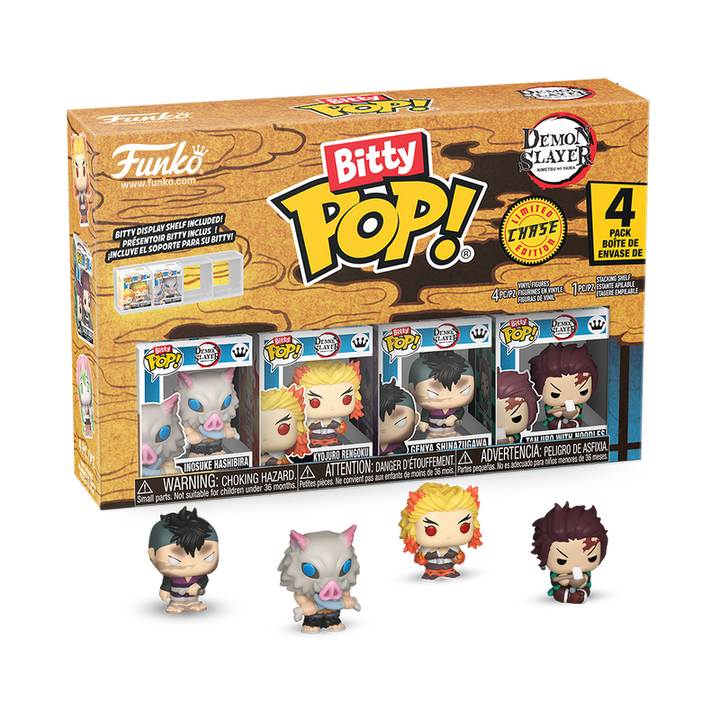 Funko Bitty Pop! packaging with four figures in front on a white background