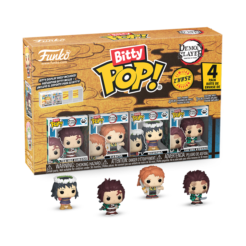 Funko Bitty Pop! packaging with four figures in front on a white background