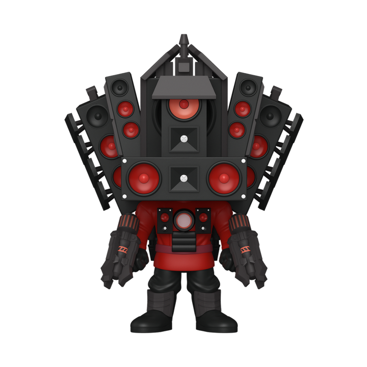 Toy figure with black and red design on a white background