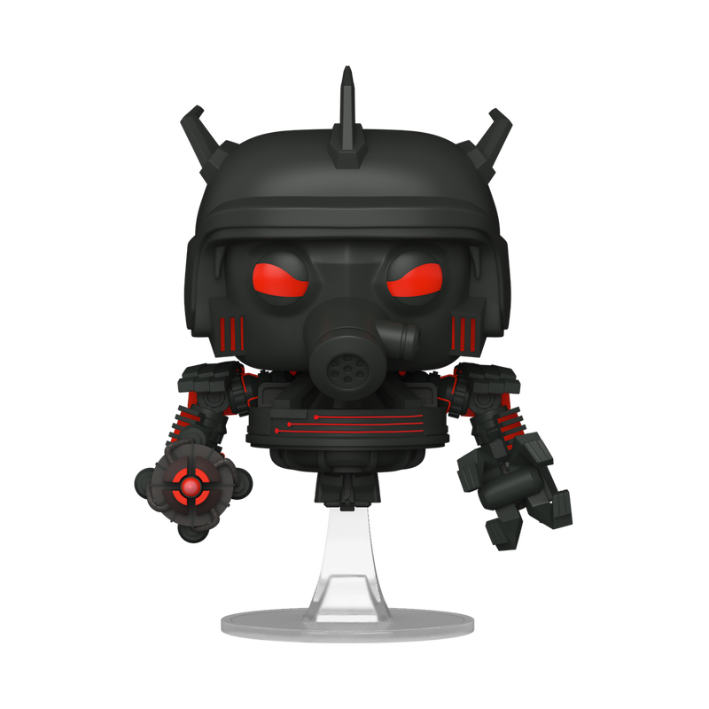 Black and red robot figurine with glowing eyes on a white background