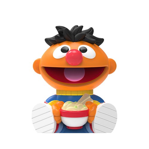 Colorful figurine of a character with black hair, orange face, and blue shirt holding a bowl of ice cream on a white background.