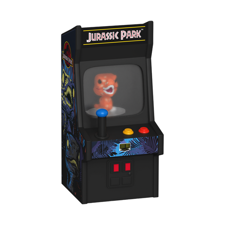 Miniature arcade machine with 'Jurassic Park' branding and a dinosaur figure on the screen.