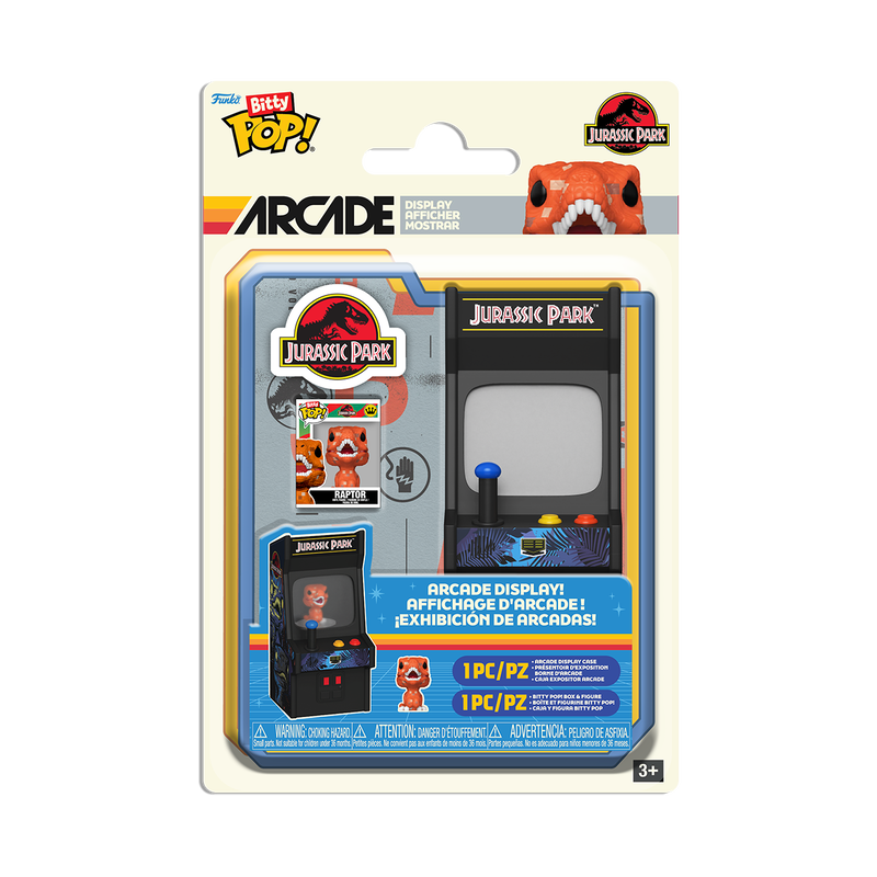 Packaged toy figure of an arcade machine with 'Jurassic Park' branding on a white background
