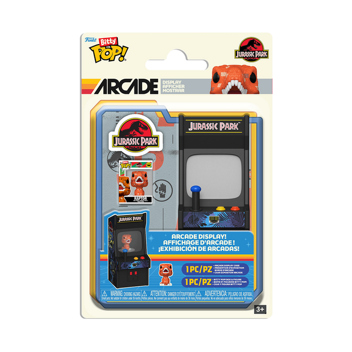 Packaged toy figure of an arcade machine with 'Jurassic Park' branding on a white background