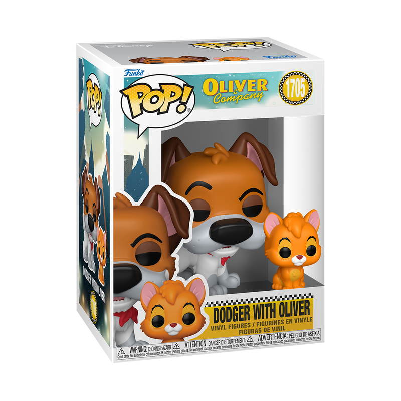 Funko Pop! packaging featuring a dog and cat figure with 'Oliver Company' branding.