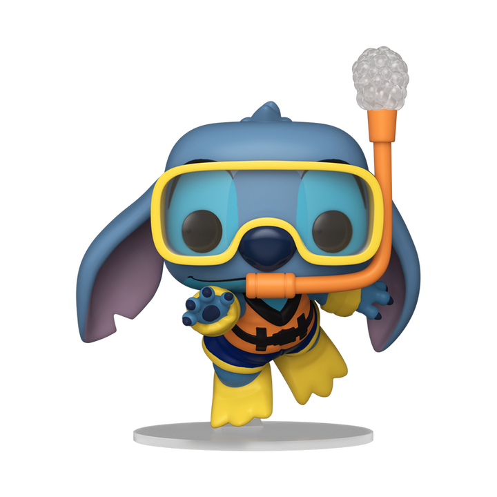 Stitch figurine wearing a scuba diving outfit with goggles and snorkel on a white background