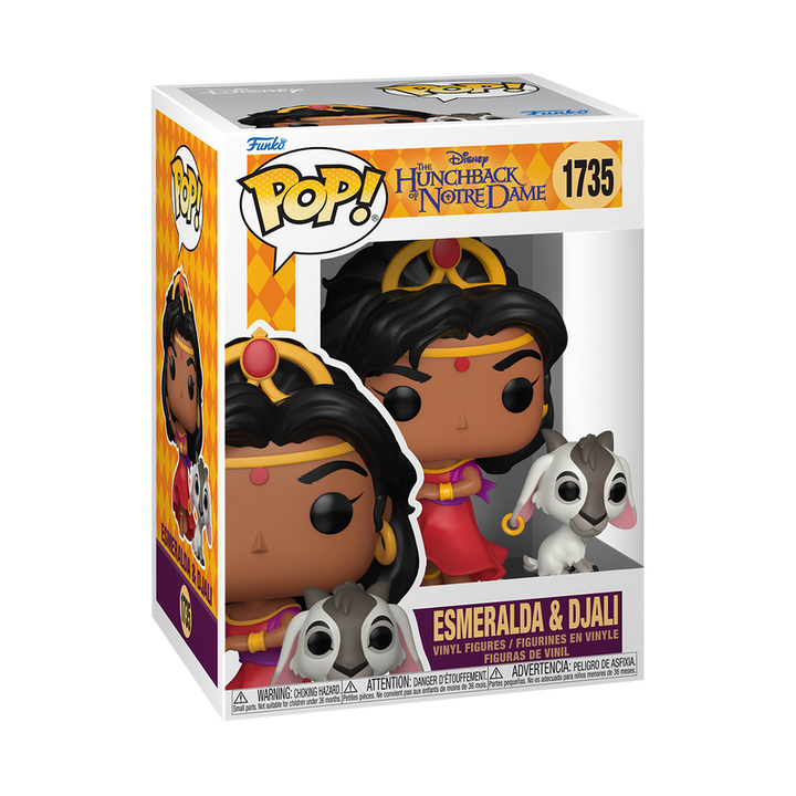 Funko Pop! packaging featuring Esmeralda and Djali from Disney's The Hunchback of Notre Dame.