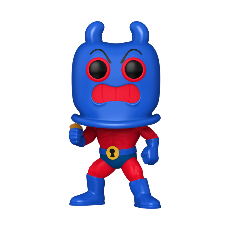 Blue and red character figurine with a surprised expression on a white background