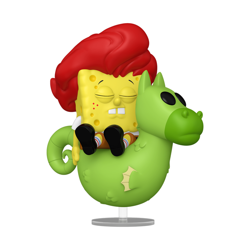 SpongeBob SquarePants figurine with red hair riding a green creature on a white background