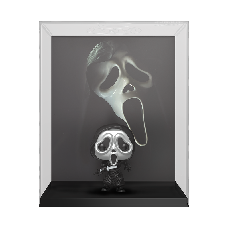 Scream-themed figurine and mask in a display case on a white background