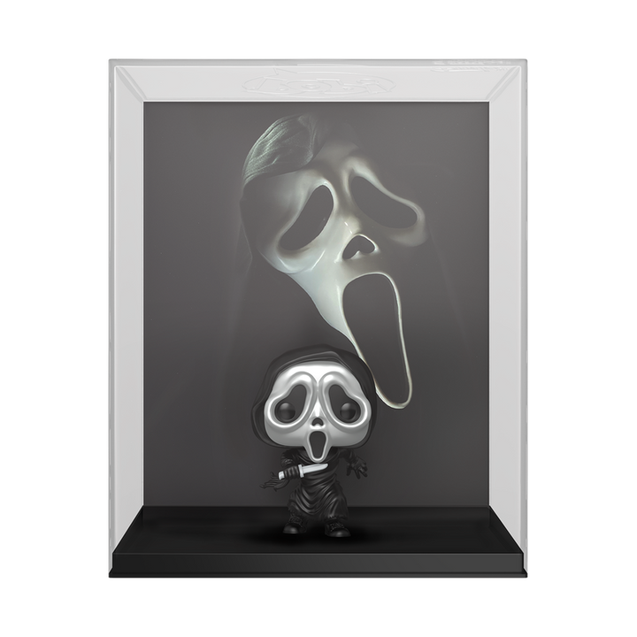 Scream-themed figurine and mask in a display case on a white background