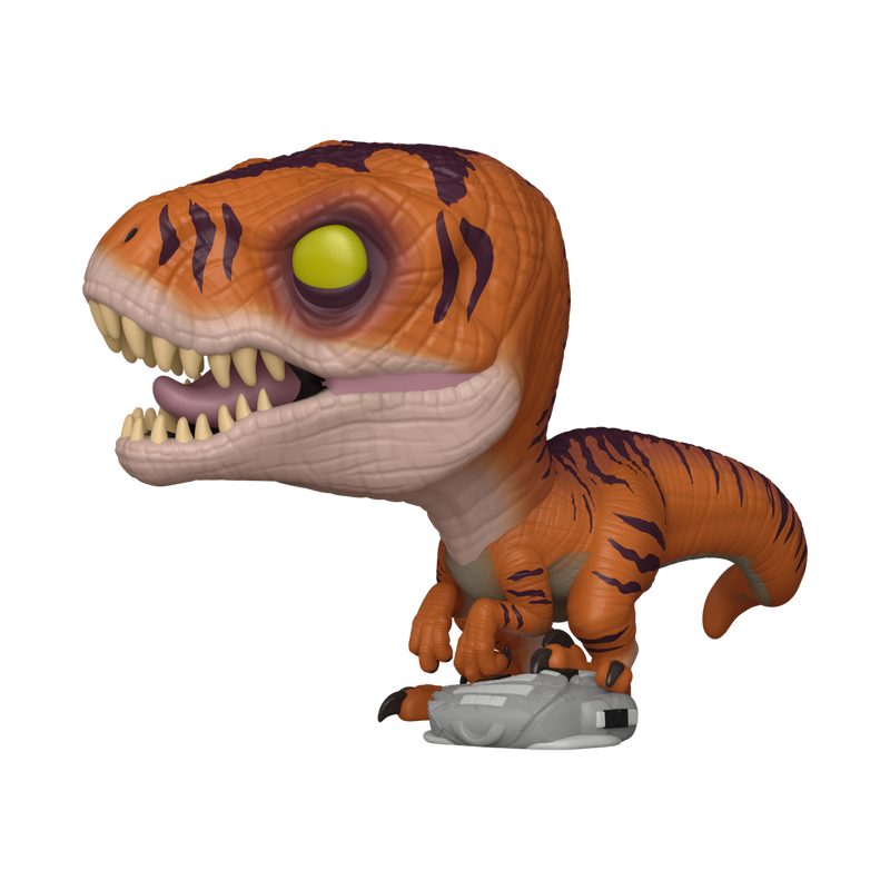 Toy dinosaur figure with orange and brown color pattern on a white background