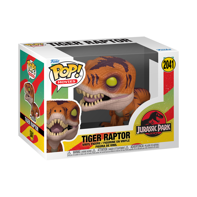 Funko Pop! Tiger Raptor figure packaging from Jurassic Park on a white background
