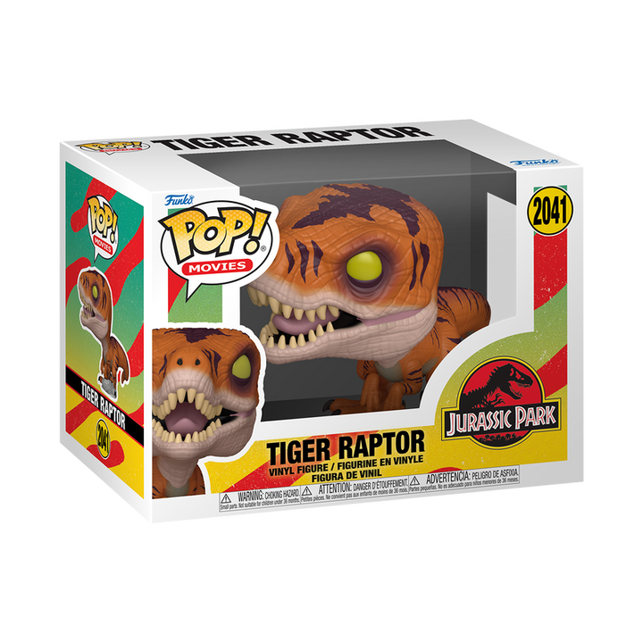 Funko Pop! Tiger Raptor figure packaging from Jurassic Park on a white background