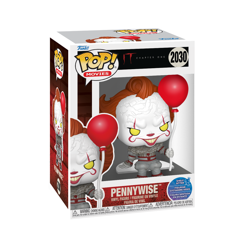 Funko Pop! Movies Pennywise figure packaging with red balloons on a white background