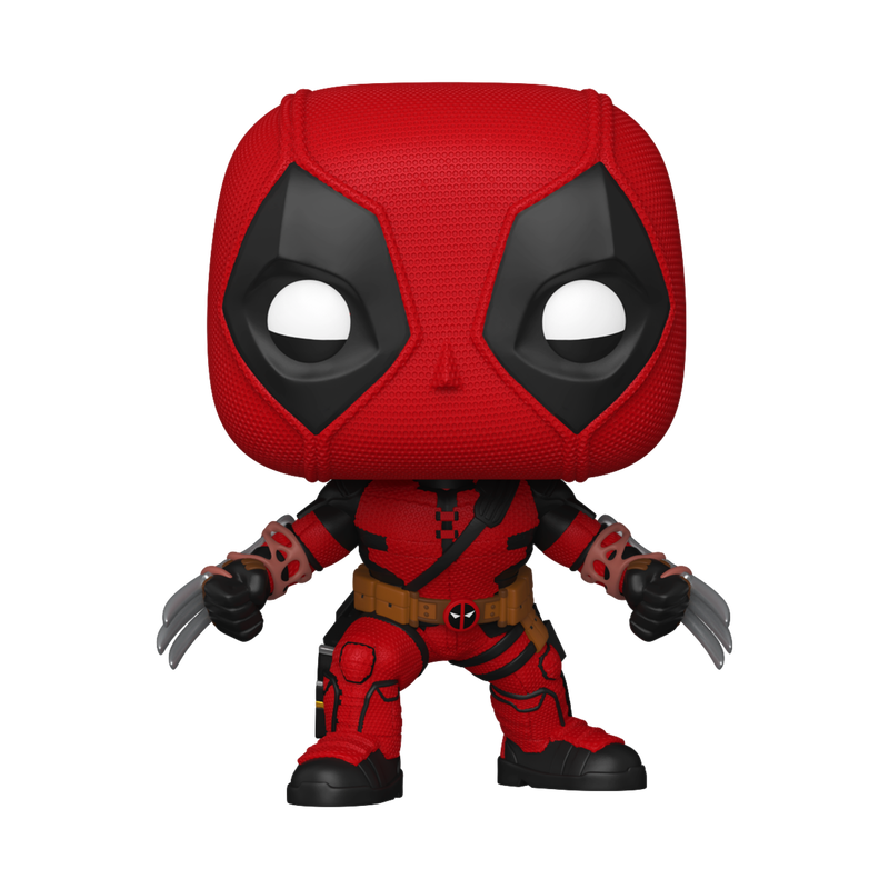 Deadpool action figure in red and black costume on a white background