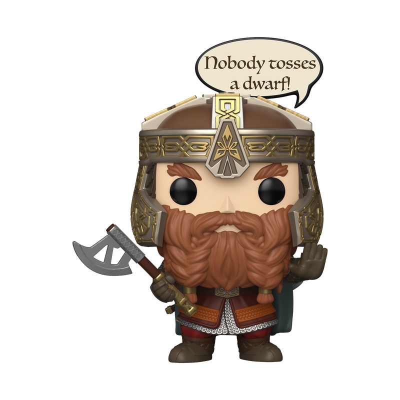 Funko Pop! figurine of a dwarf warrior with a speech bubble saying 'Nobody tosses a dwarf!' on a white background.