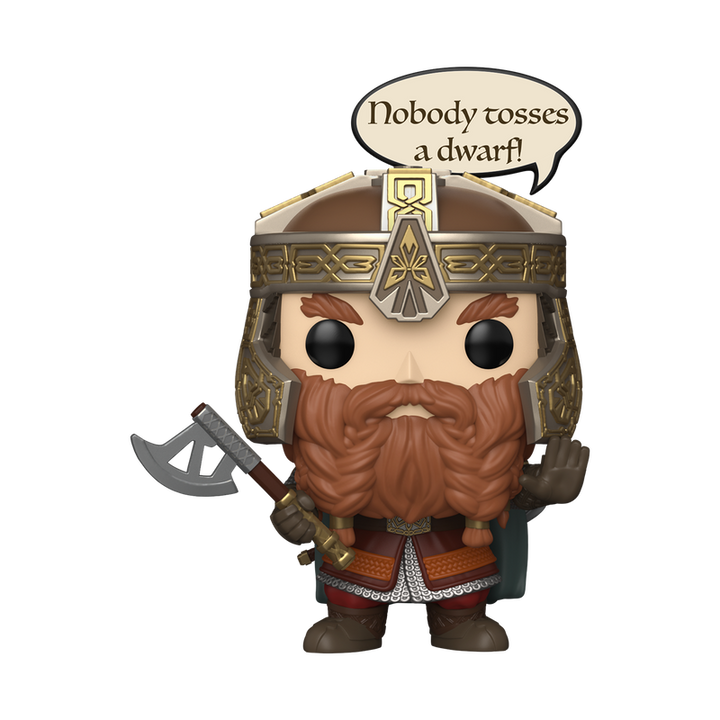 Funko Pop! figurine of a dwarf warrior with a speech bubble saying 'Nobody tosses a dwarf!' on a white background.