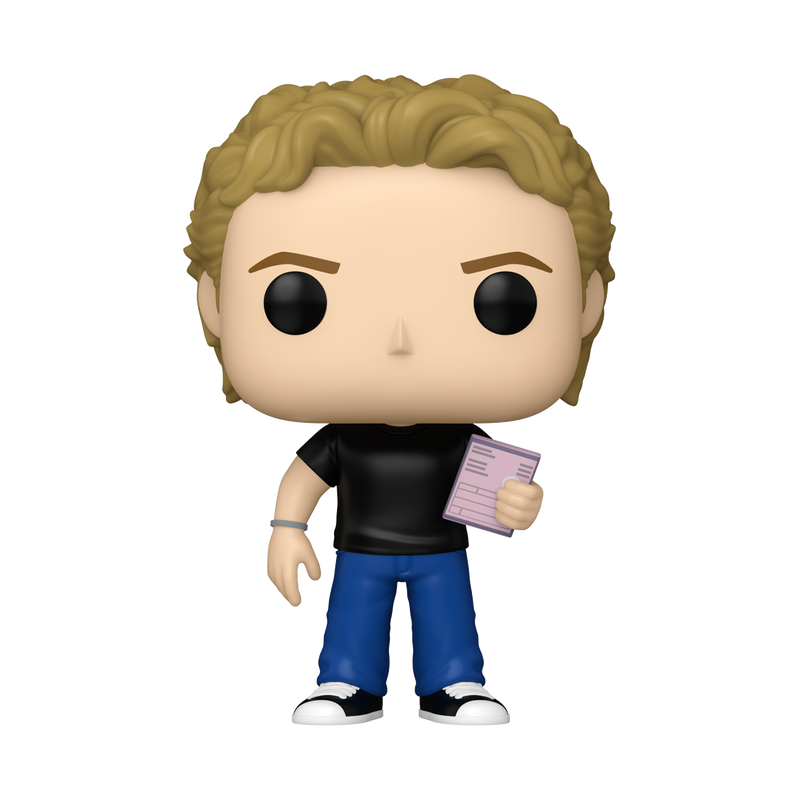 Funko Pop! vinyl figure of a character with blonde hair, black shirt, blue pants, and holding a purple card on a white background.