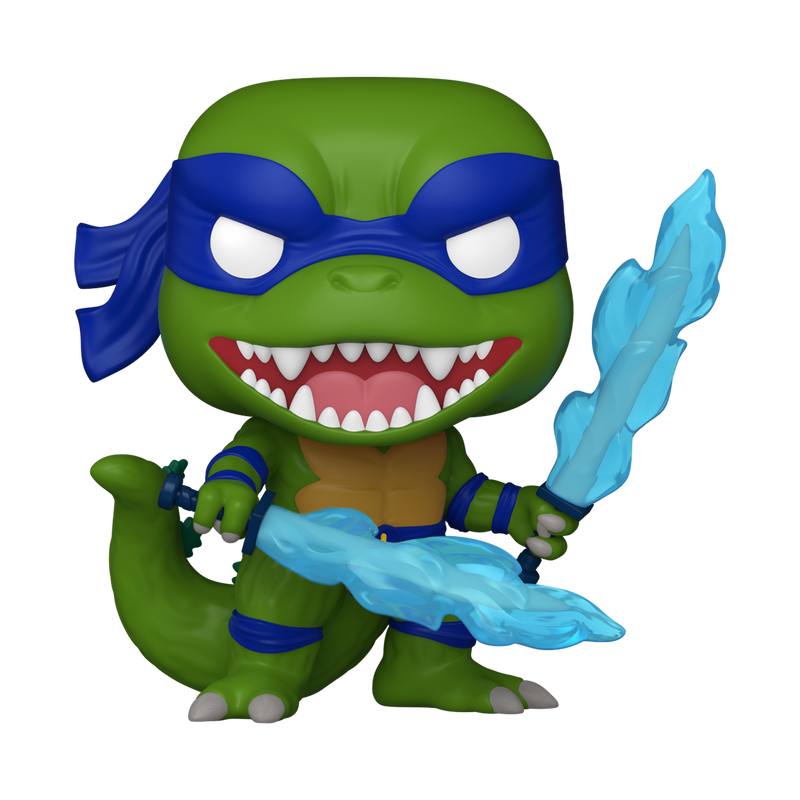 Toy figure of a green character with blue mask and blue energy weapons on a white background