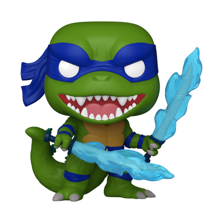 Toy figure of a green character with blue mask and blue energy weapons on a white background