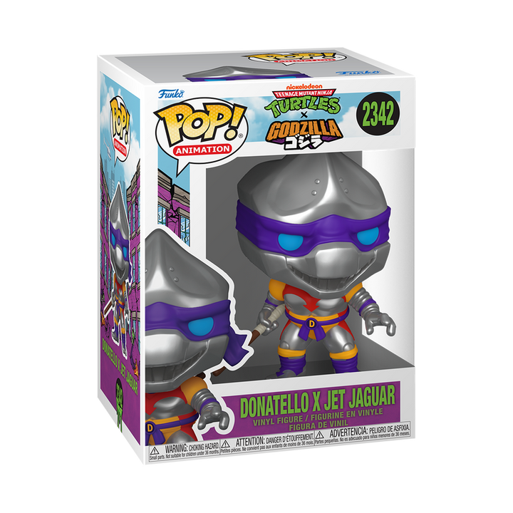 Funko Pop! vinyl figure packaging featuring Donatello from Teenage Mutant Ninja Turtles and Jet Jaguar from Godzilla vs. Kong.