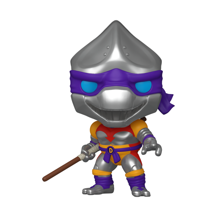 Toy figure of a character in metallic armor with a purple mask and blue eyes on a white background