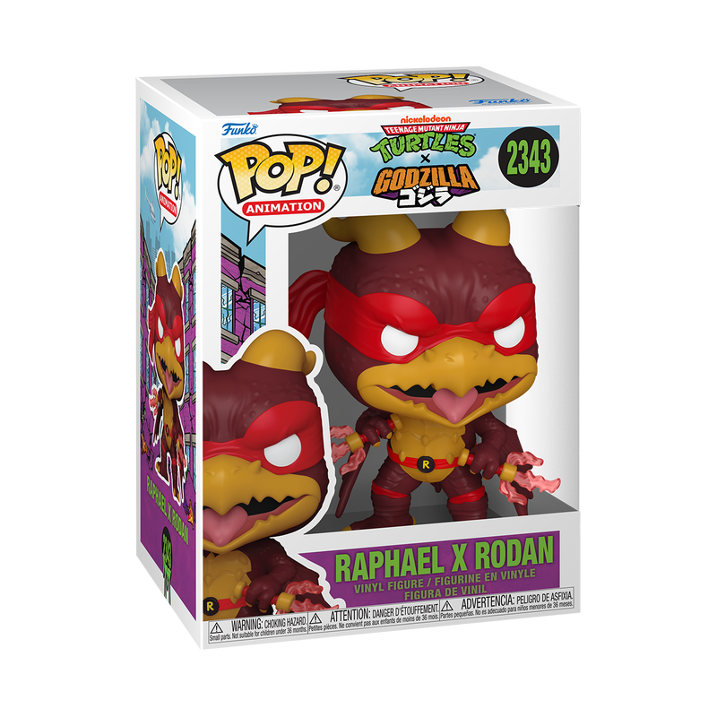 Funko Pop! vinyl figure packaging featuring Raphael from Teenage Mutant Ninja Turtles and Rodan from Godzilla, with Funko Pop! branding.