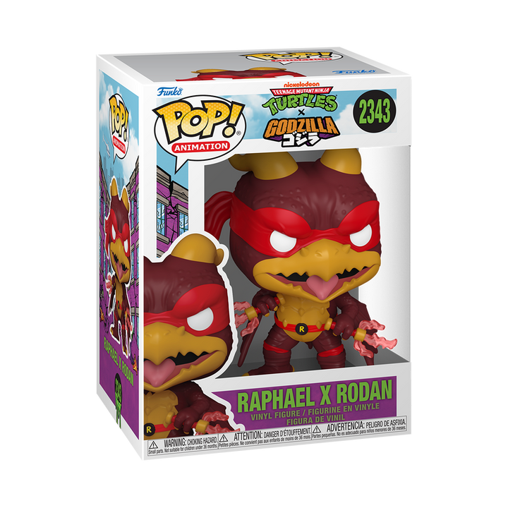 Funko Pop! vinyl figure packaging featuring Raphael from Teenage Mutant Ninja Turtles and Rodan from Godzilla, with Funko Pop! branding.
