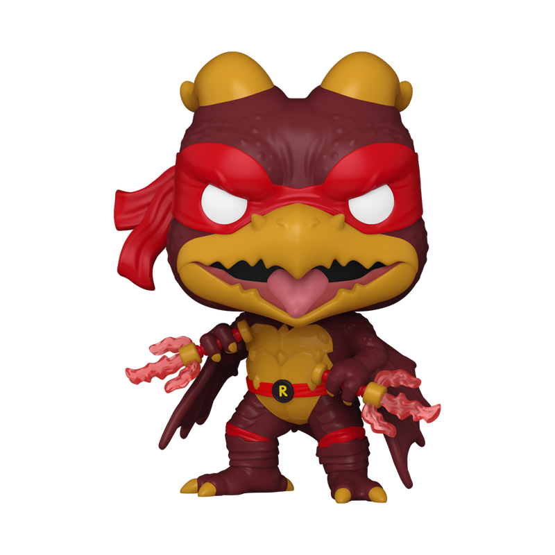 Toy figure with red and yellow mask and costume on a white background